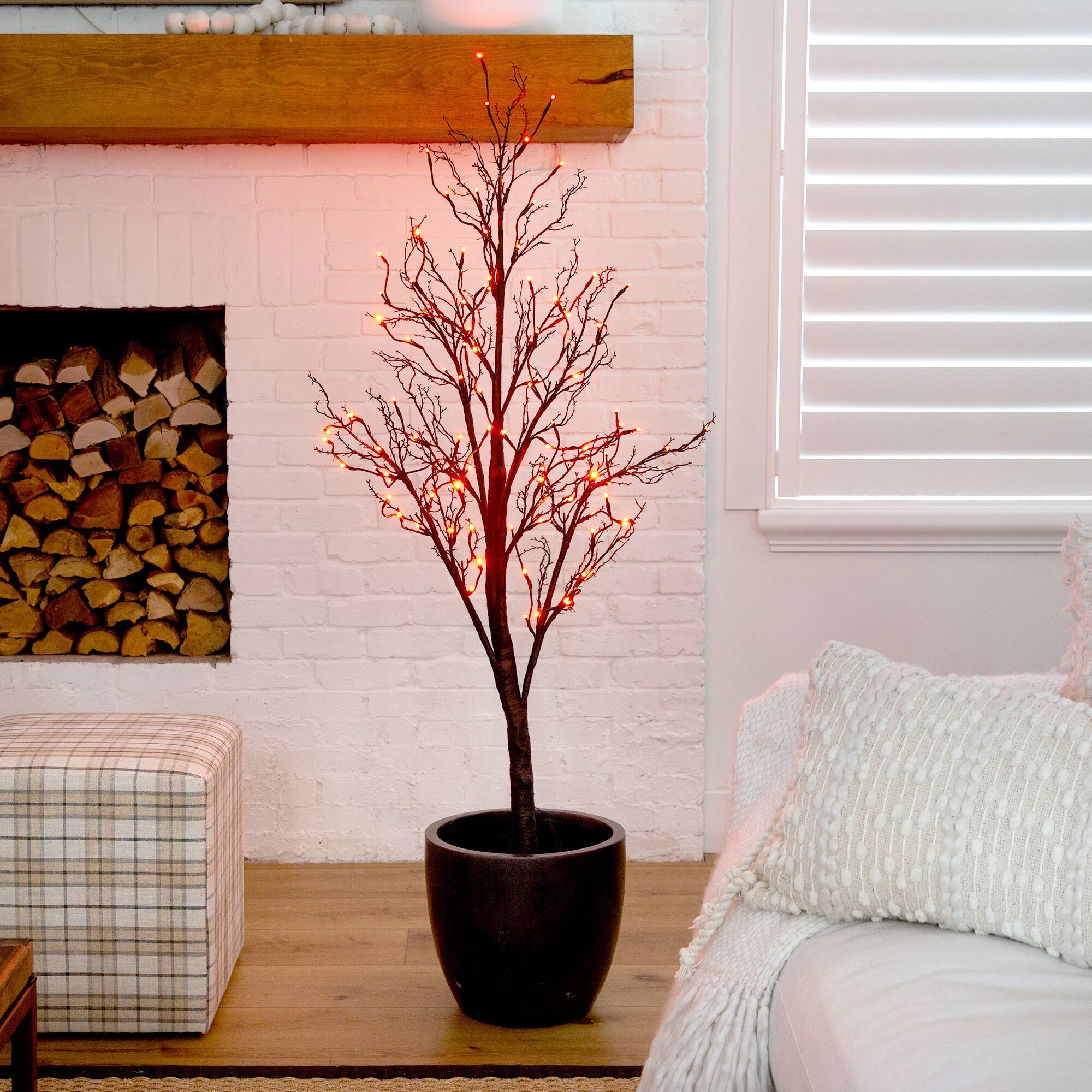 5ft. Orange & Purple LED Pre-Lit Halloween Deluxe Black Twig Artificial Fall Tree